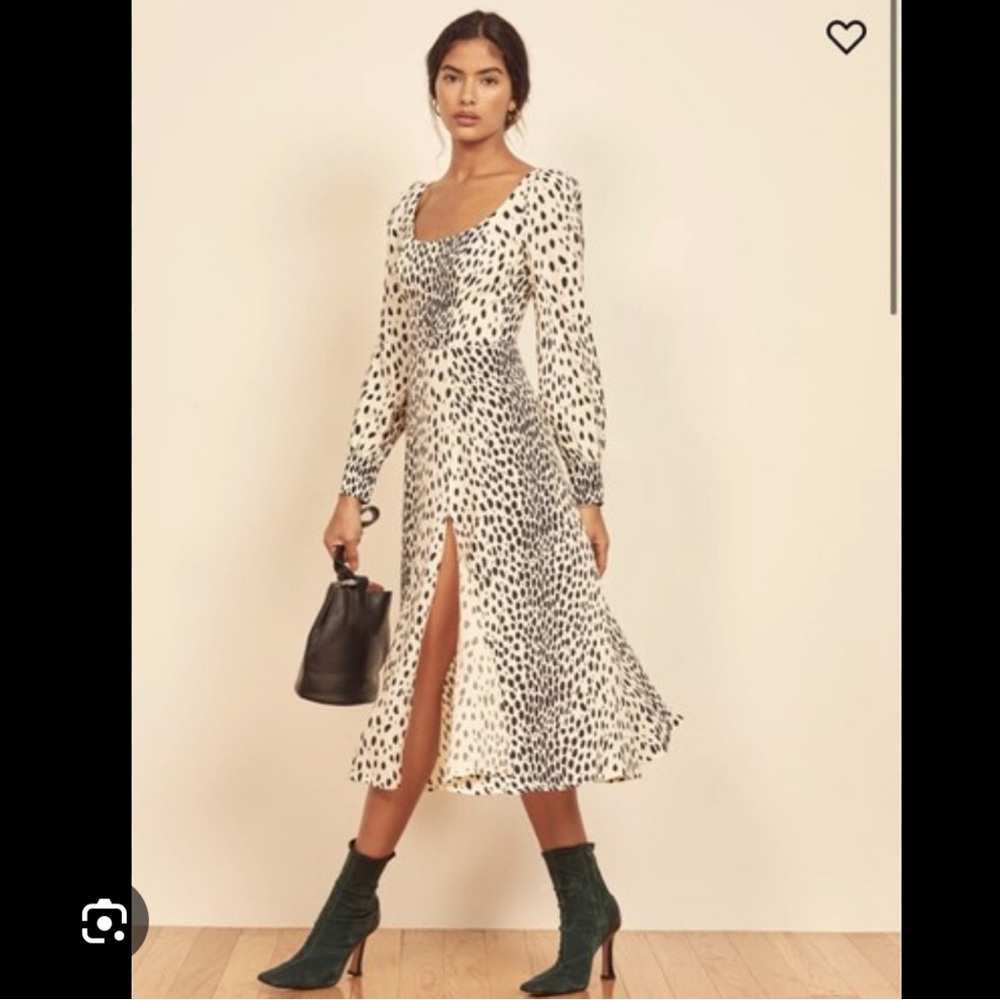 Reformation Black and White Spotted Long Sleeve Midi Dress